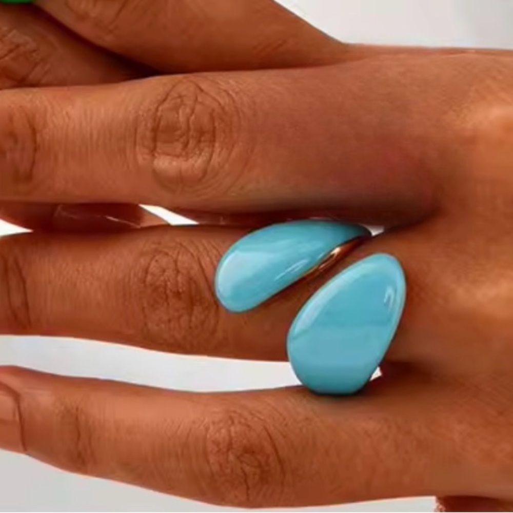 Enamel Turquoise Open Band Statement Ring 18K Gold Plated Stainless Steel Size7